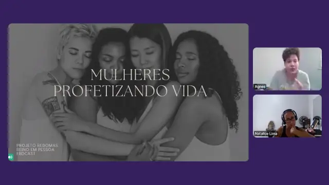 Print da aula online da escola bíblica dominical, com o slide de abertura do MPV e as facilitadoras na câmera